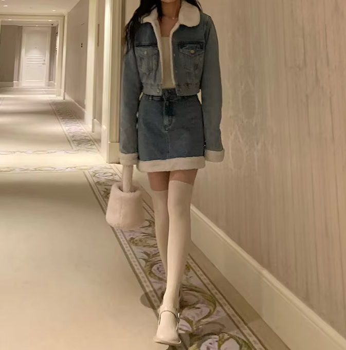 Trendy Lamb Wool Spliced Denim Short Sweet Cool Half Skirt Two Piece Set