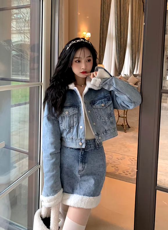 Trendy Lamb Wool Spliced Denim Short Sweet Cool Half Skirt Two Piece Set