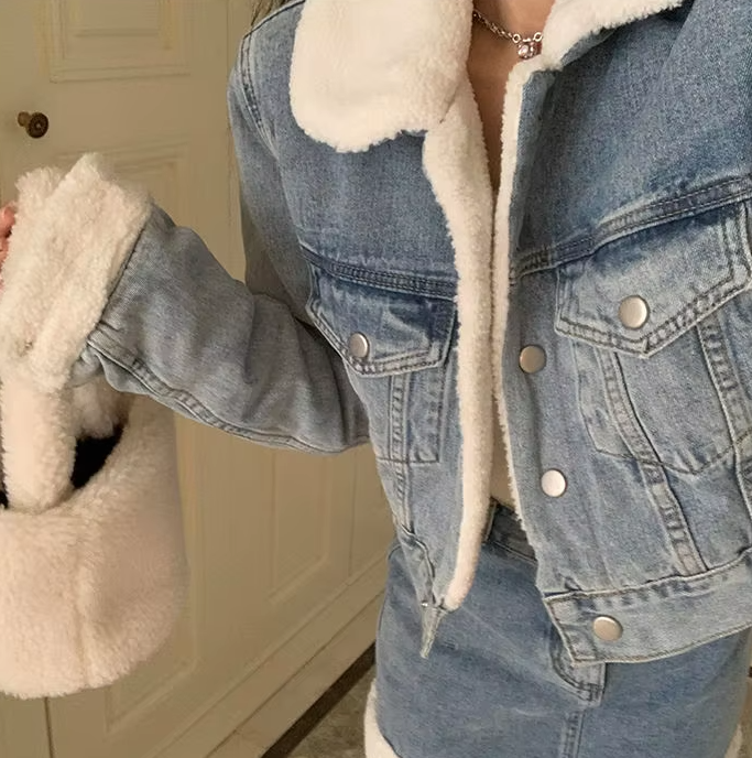 Trendy Lamb Wool Spliced Denim Short Sweet Cool Half Skirt Two Piece Set