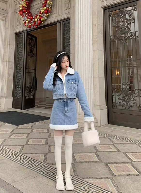 Trendy Lamb Wool Spliced Denim Short Sweet Cool Half Skirt Two Piece Set