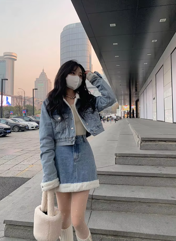 Trendy Lamb Wool Spliced Denim Short Sweet Cool Half Skirt Two Piece Set