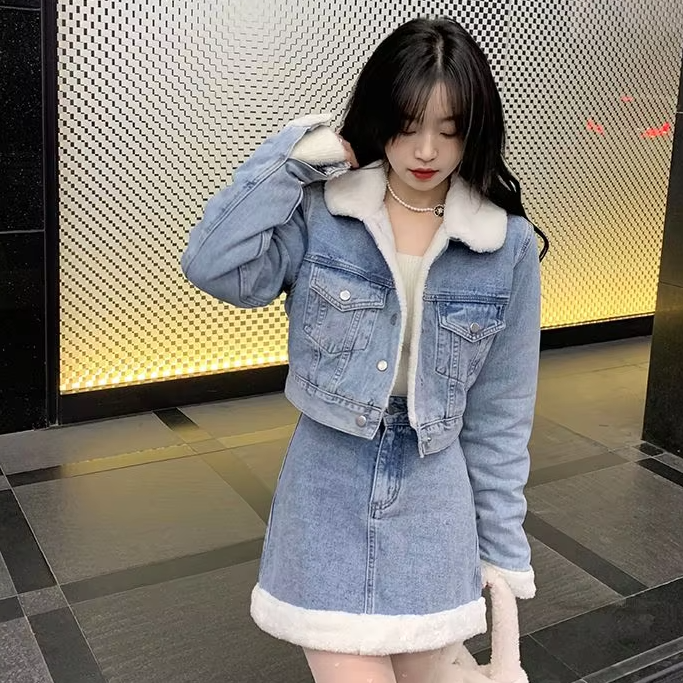 Trendy Lamb Wool Spliced Denim Short Sweet Cool Half Skirt Two Piece Set