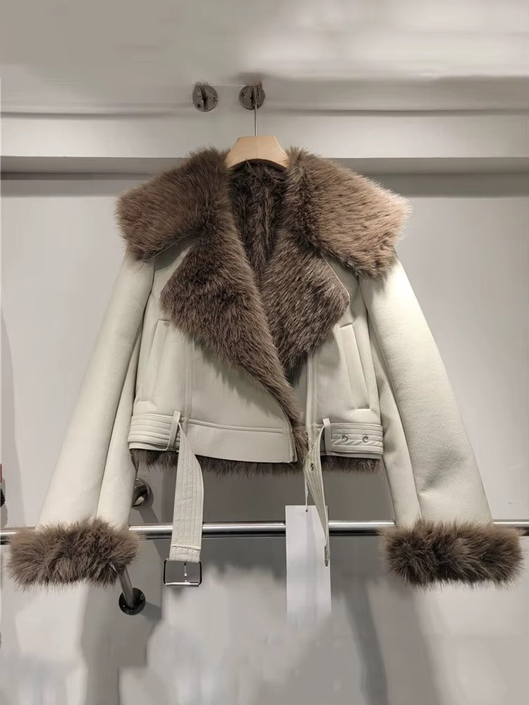Trendy Lapel Long Sleeve Spliced Leather Faux Fur Motorcycle Jacket