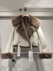 Trendy Lapel Long Sleeve Spliced Leather Faux Fur Motorcycle Jacket