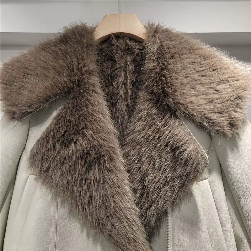 Trendy Lapel Long Sleeve Spliced Leather Faux Fur Motorcycle Jacket