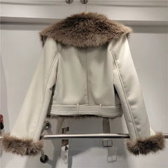Trendy Lapel Long Sleeve Spliced Leather Faux Fur Motorcycle Jacket