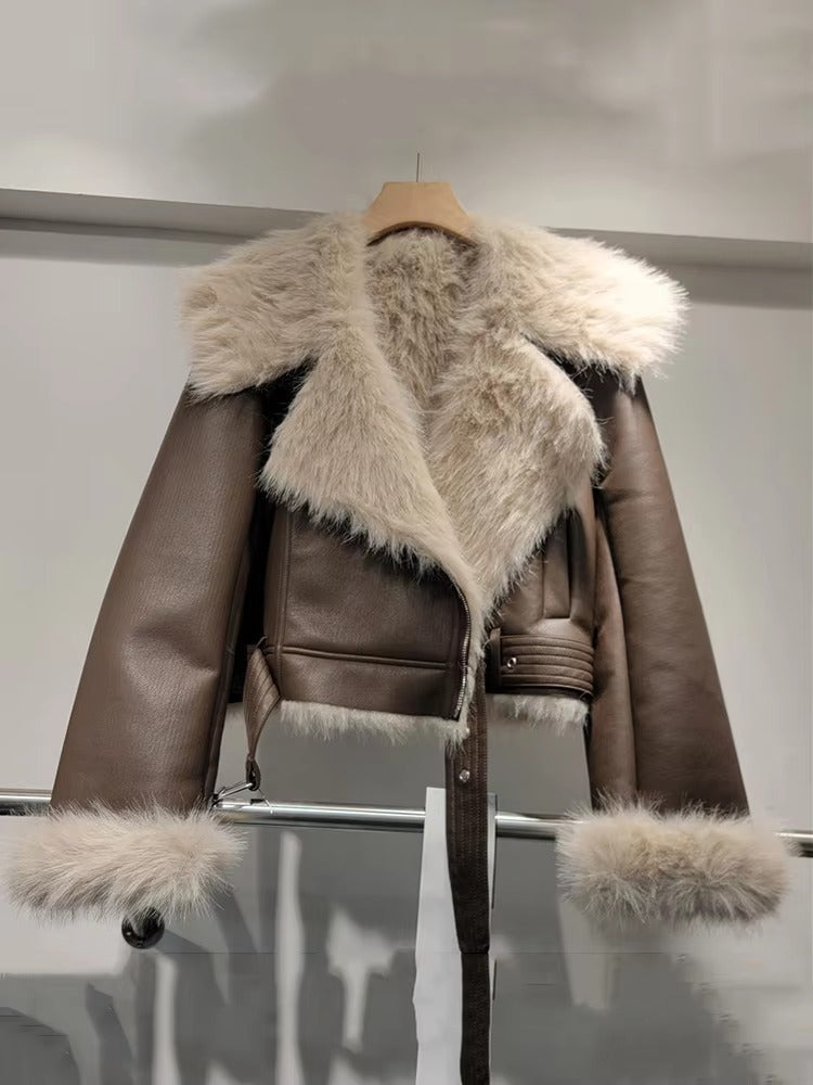 Trendy Lapel Long Sleeve Spliced Leather Faux Fur Motorcycle Jacket
