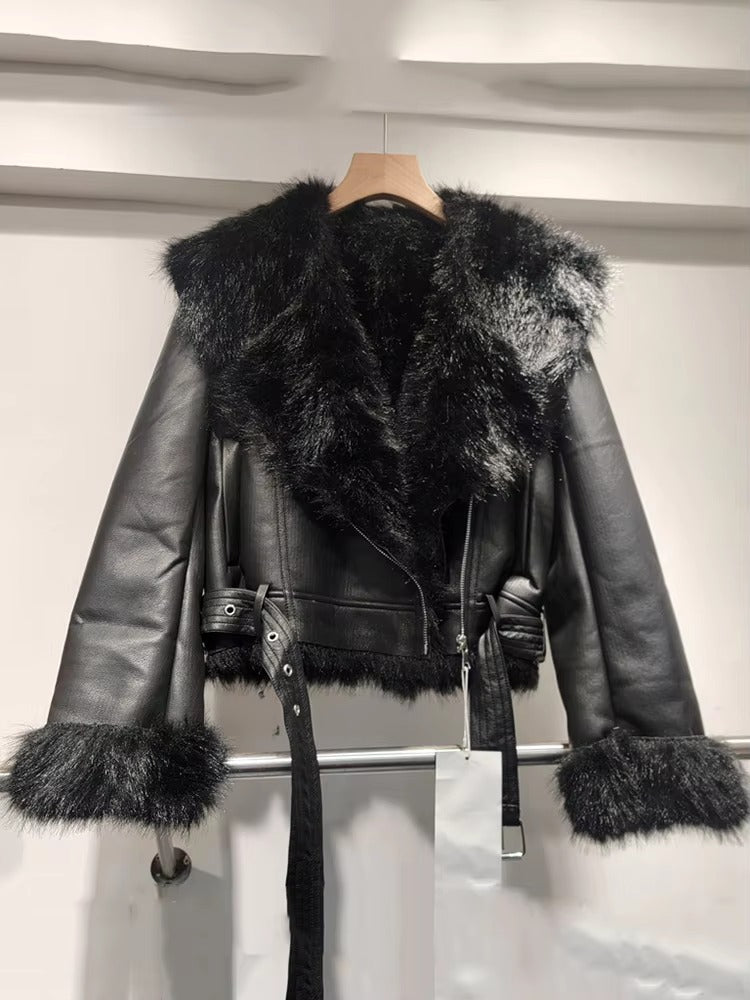 Trendy Lapel Long Sleeve Spliced Leather Faux Fur Motorcycle Jacket