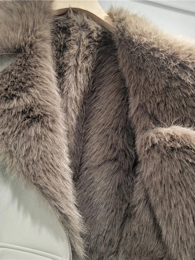 Trendy Lapel Long Sleeve Spliced Leather Faux Fur Motorcycle Jacket