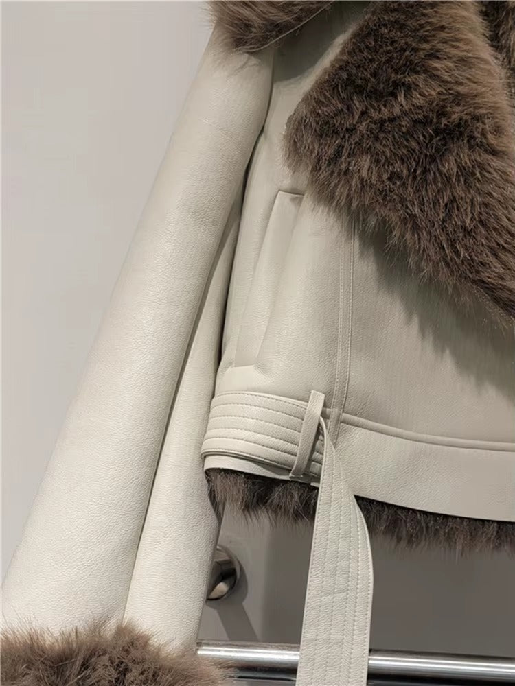 Trendy Lapel Long Sleeve Spliced Leather Faux Fur Motorcycle Jacket