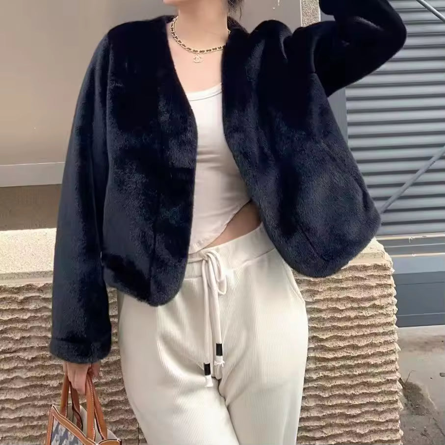 Trendy Open Front Faux Fur Solid Glamorous Warm Coat
