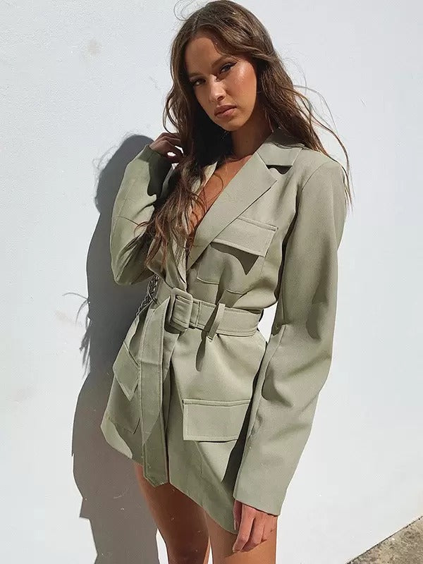 Trendy Turndown Collar Belt Relaxed Fit Chic Blazer Street Outerwear