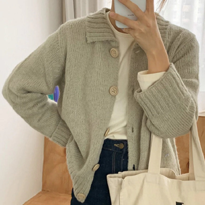 Turn-down Collar Knitted Buttons Elegant Tops Cardigans