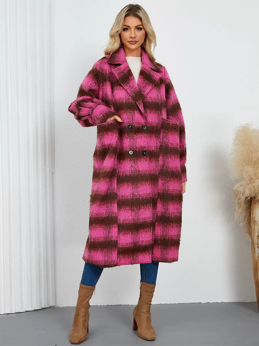 Turndown Collar Buttons Front Button Long Sleeves Plaid Outerwear Coats