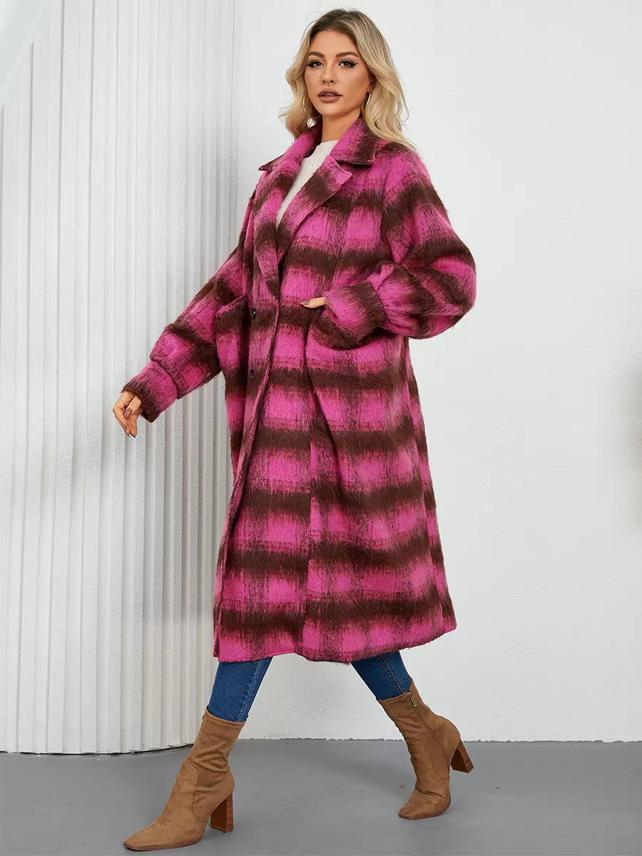 Turndown Collar Buttons Front Button Long Sleeves Plaid Outerwear Coats