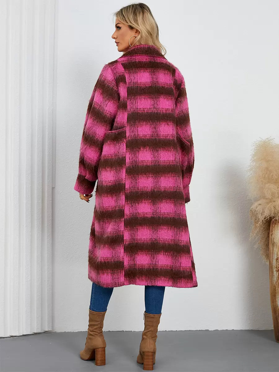 Turndown Collar Buttons Front Button Long Sleeves Plaid Outerwear Coats