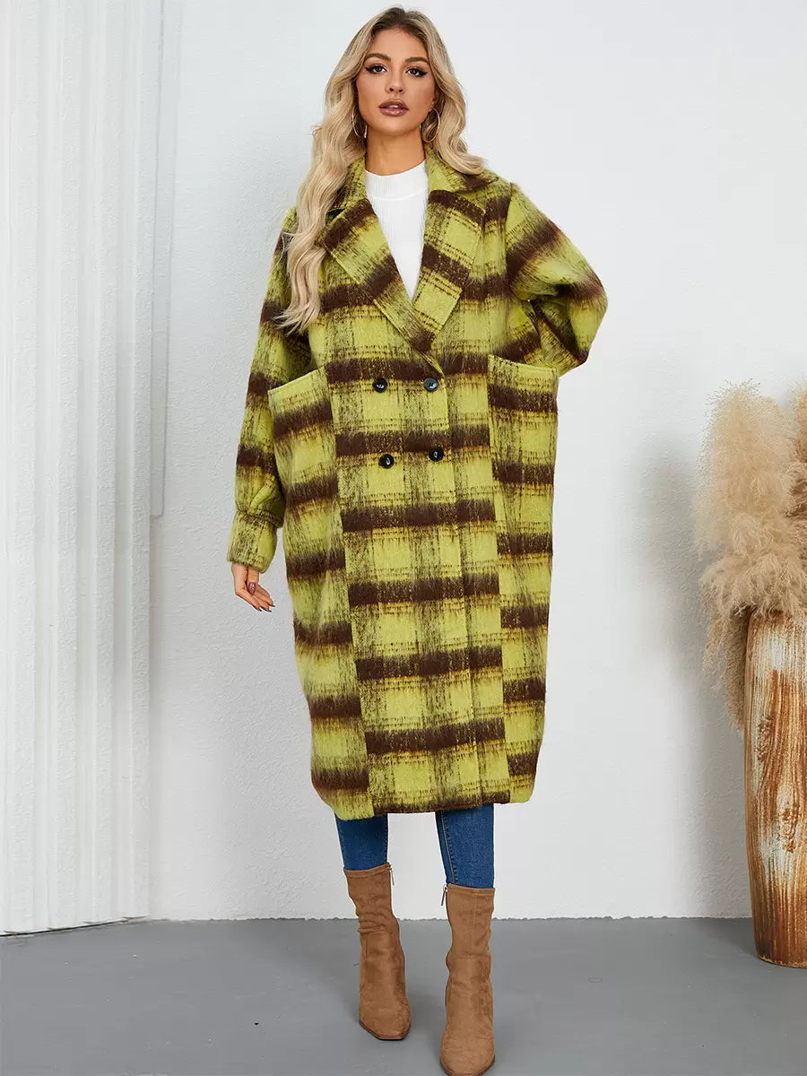 Turndown Collar Buttons Front Button Long Sleeves Plaid Outerwear Coats
