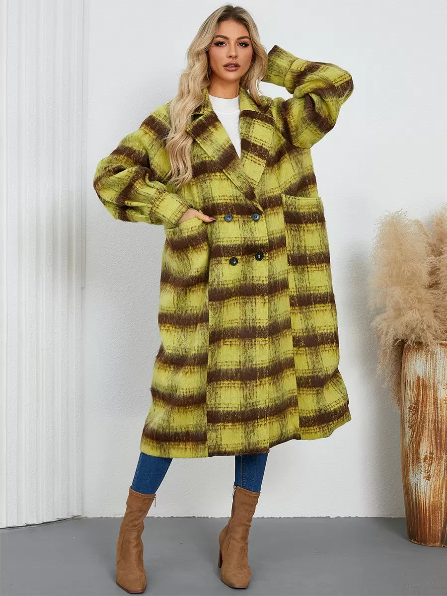Turndown Collar Buttons Front Button Long Sleeves Plaid Outerwear Coats