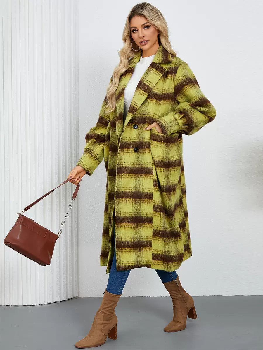 Turndown Collar Buttons Front Button Long Sleeves Plaid Outerwear Coats