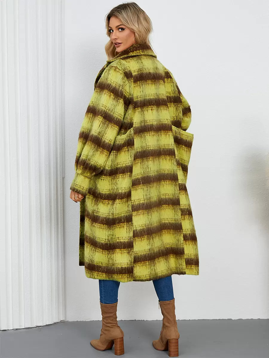 Turndown Collar Buttons Front Button Long Sleeves Plaid Outerwear Coats