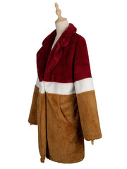 Turndown Collar Color Block Pockets Faux Fur Coat