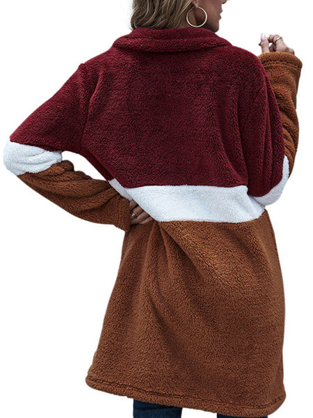 Turndown Collar Color Block Pockets Faux Fur Coat