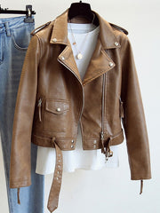Turndown Collar Long Sleeve High Low Design PU Leather Jacket