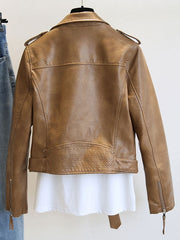 Turndown Collar Long Sleeve High Low Design PU Leather Jacket
