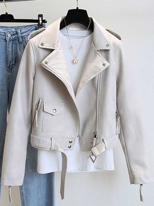 Turndown Collar Long Sleeve High Low Design PU Leather Jacket
