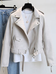 Turndown Collar Long Sleeve High Low Design PU Leather Jacket