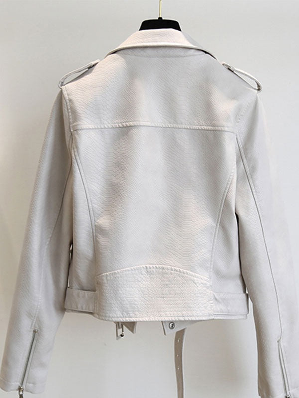 Turndown Collar Long Sleeve High Low Design PU Leather Jacket