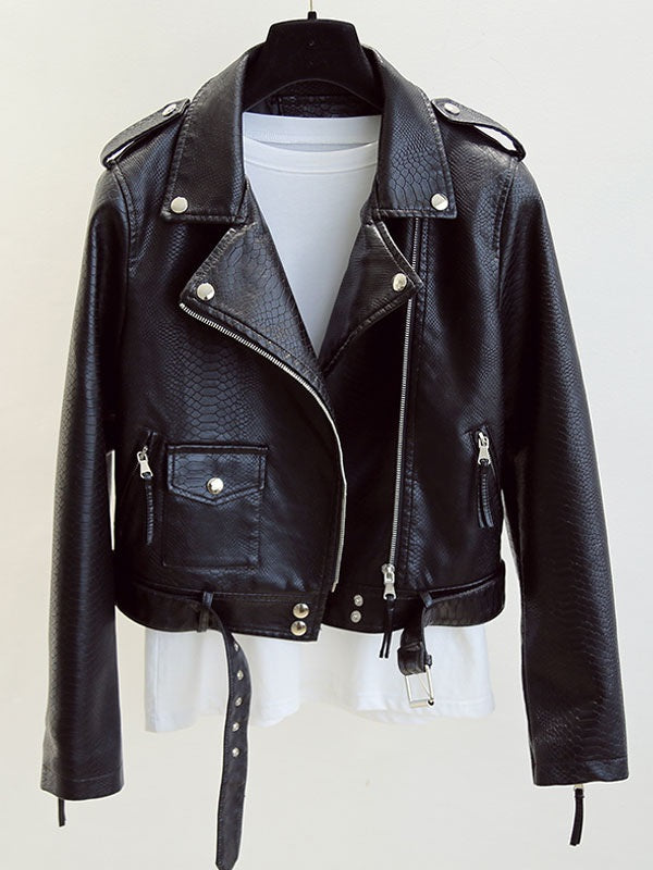 Turndown Collar Long Sleeve High Low Design PU Leather Jacket