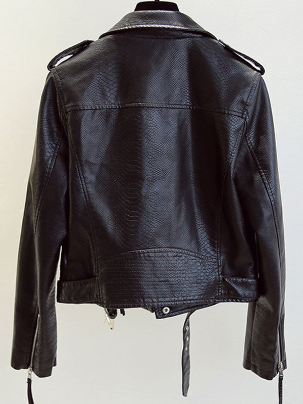Turndown Collar Long Sleeve High Low Design PU Leather Jacket