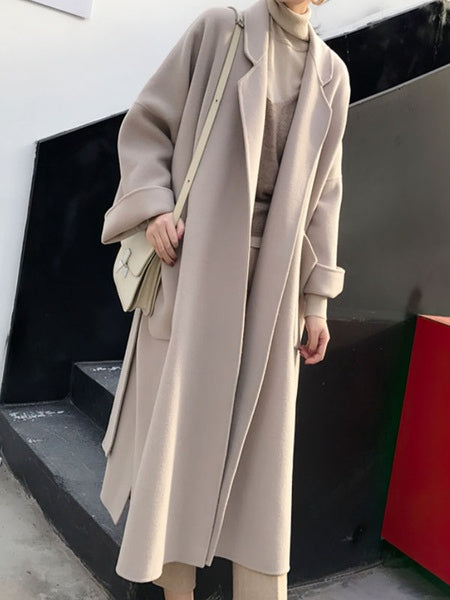 Turndown Collar Long Sleeve Oversized Long Wrap Maxi Coats