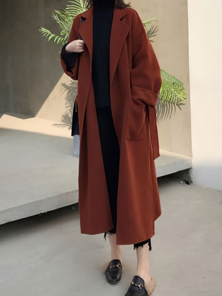 Turndown Collar Long Sleeve Oversized Long Wrap Maxi Coats