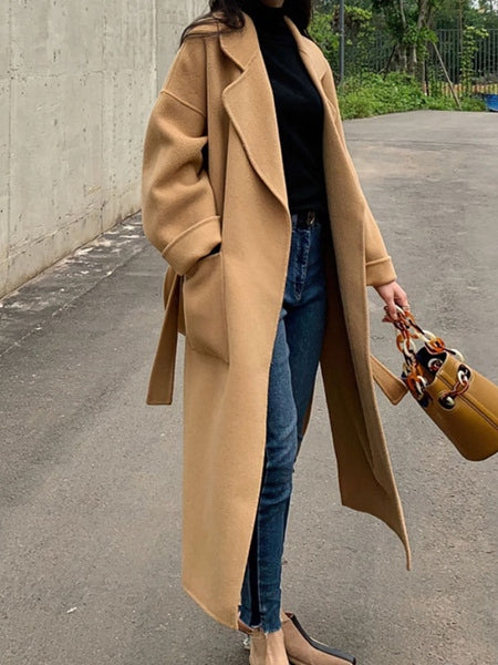 Turndown Collar Long Sleeve Oversized Long Wrap Maxi Coats