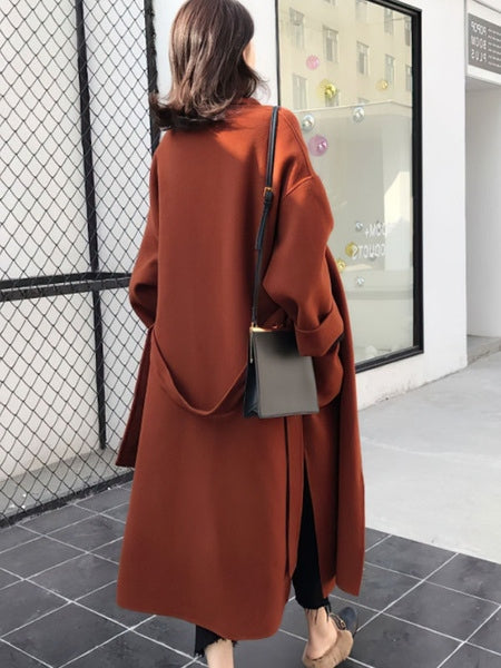 Turndown Collar Long Sleeve Oversized Long Wrap Maxi Coats