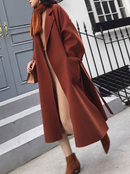 Turndown Collar Long Sleeve Oversized Long Wrap Maxi Coats