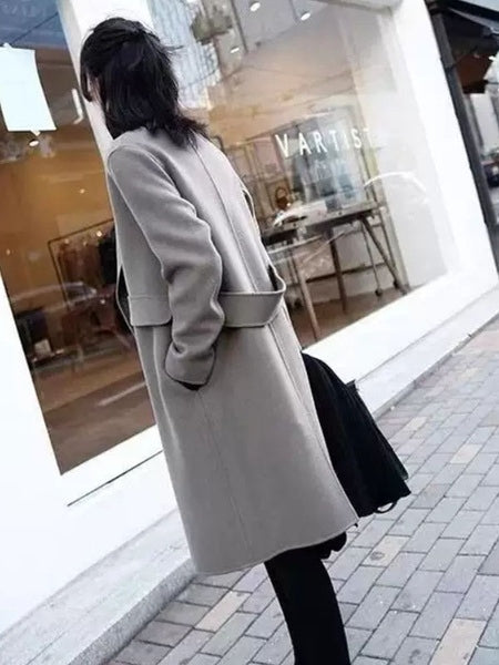 Turndown Collar Long Sleeve Polyester Maxi Coat