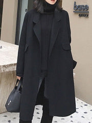 Turndown Collar Long Sleeve Polyester Maxi Coat
