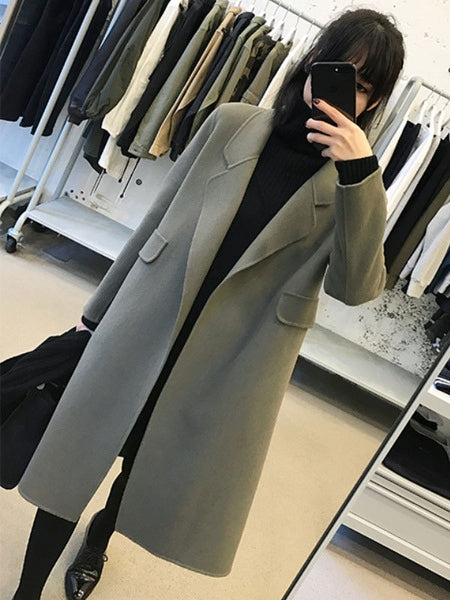 Turndown Collar Long Sleeve Polyester Maxi Coat