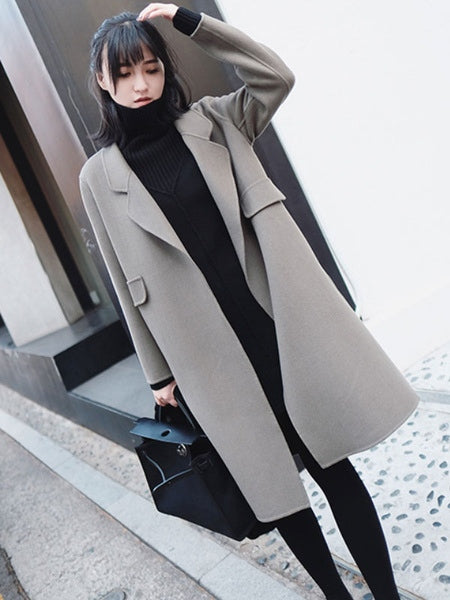 Turndown Collar Long Sleeve Polyester Maxi Coat