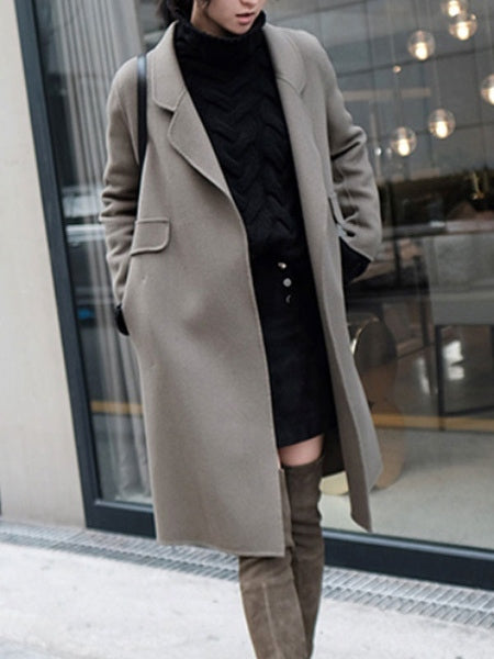 Turndown Collar Long Sleeve Polyester Maxi Coat