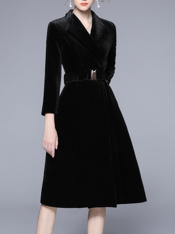 Turndown Collar Long Sleeves Lace Up Casual Black Wrap Outerwear