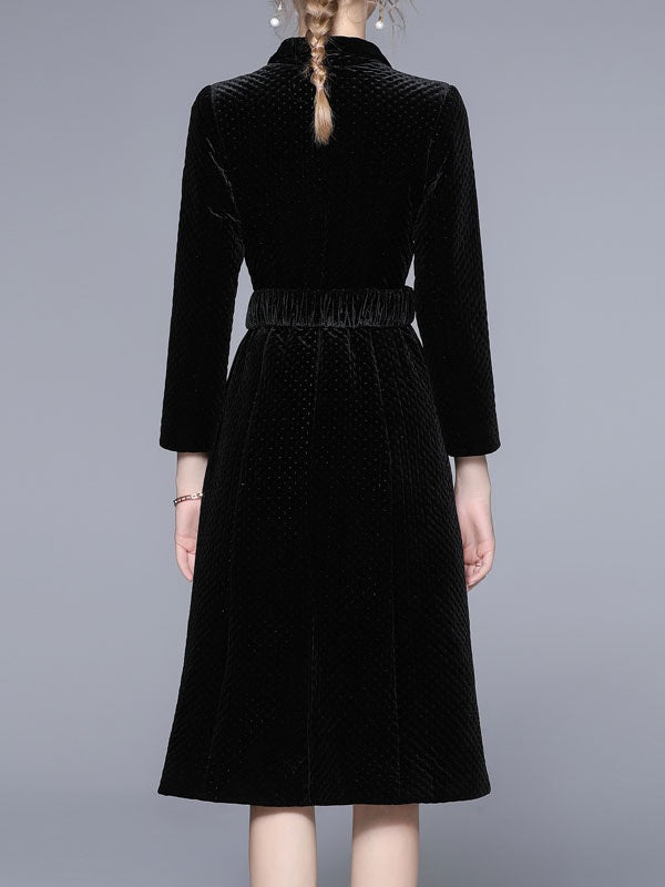 Turndown Collar Long Sleeves Lace Up Casual Black Wrap Outerwear