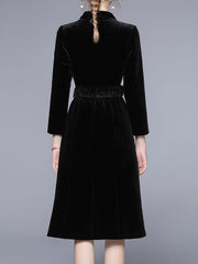 Turndown Collar Long Sleeves Lace Up Casual Black Wrap Outerwear