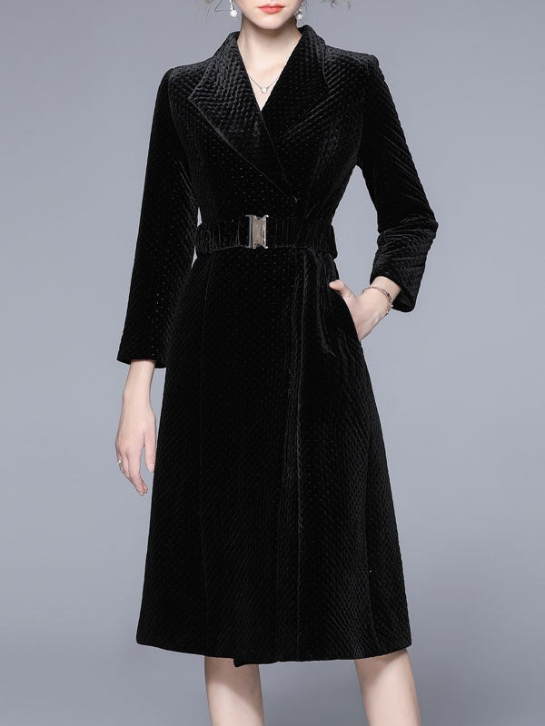 Turndown Collar Long Sleeves Lace Up Casual Black Wrap Outerwear