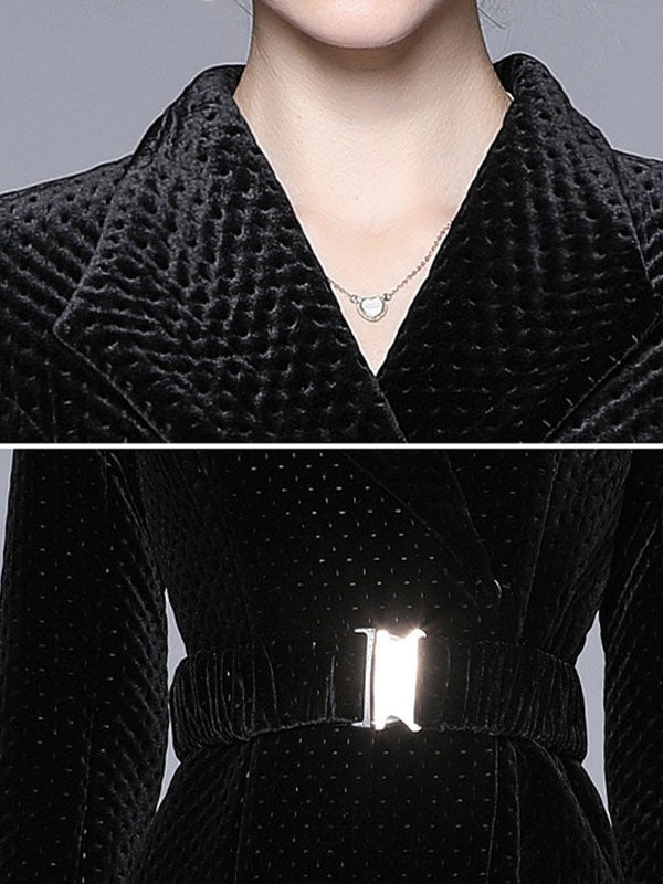 Turndown Collar Long Sleeves Lace Up Casual Black Wrap Outerwear
