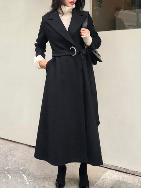 Turndown Collar Long Sleeves Lace Up Oversized Casual Outerwear Maxi Coat