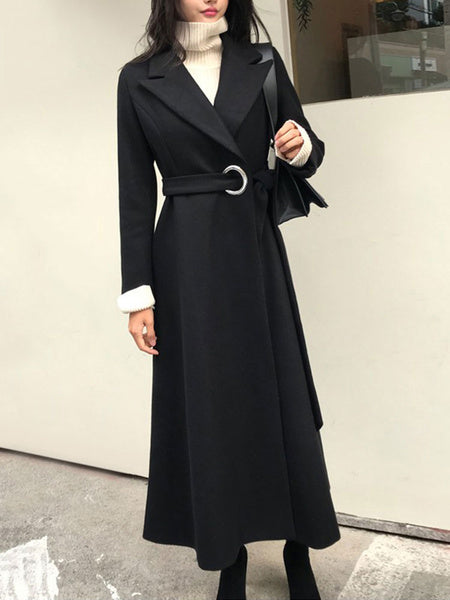 Turndown Collar Long Sleeves Lace Up Oversized Casual Outerwear Maxi Coat